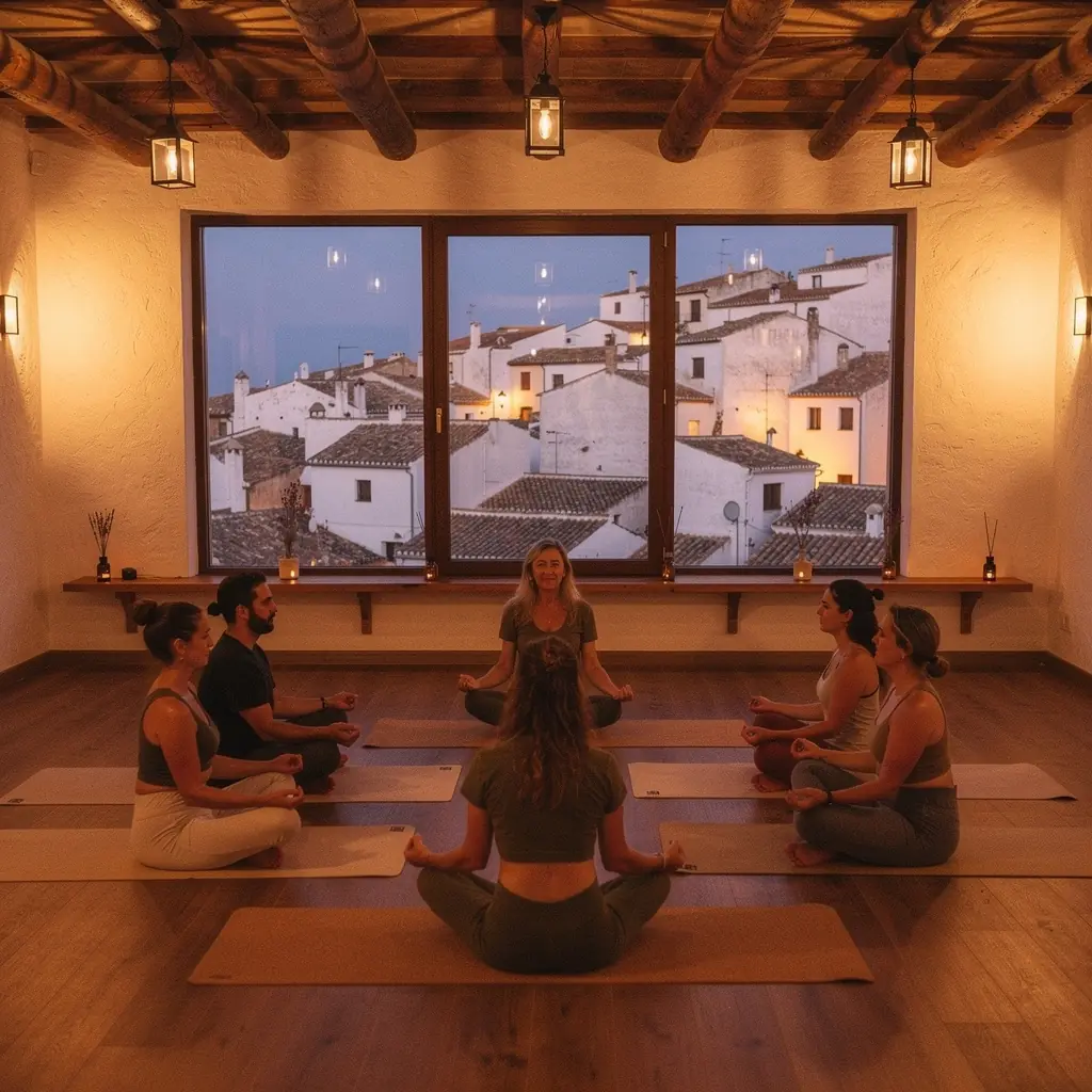 Clase de yoga al atardecer con personas realizando estiramientos suaves en un entorno sereno.