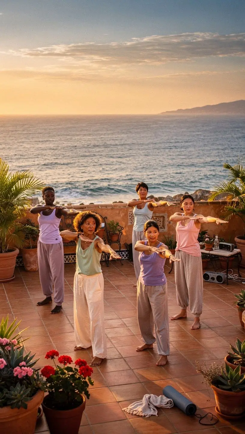Participantes de una clase de yoga sentados en posición de loto, respirando profundamente.