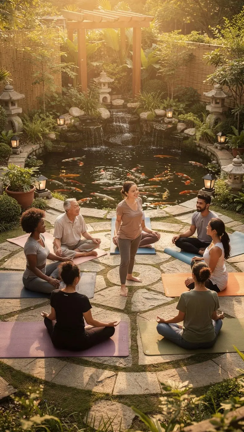 Un grupo de participantes en una clase de yoga, realizando estiramientos suaves en un ambiente acogedor.