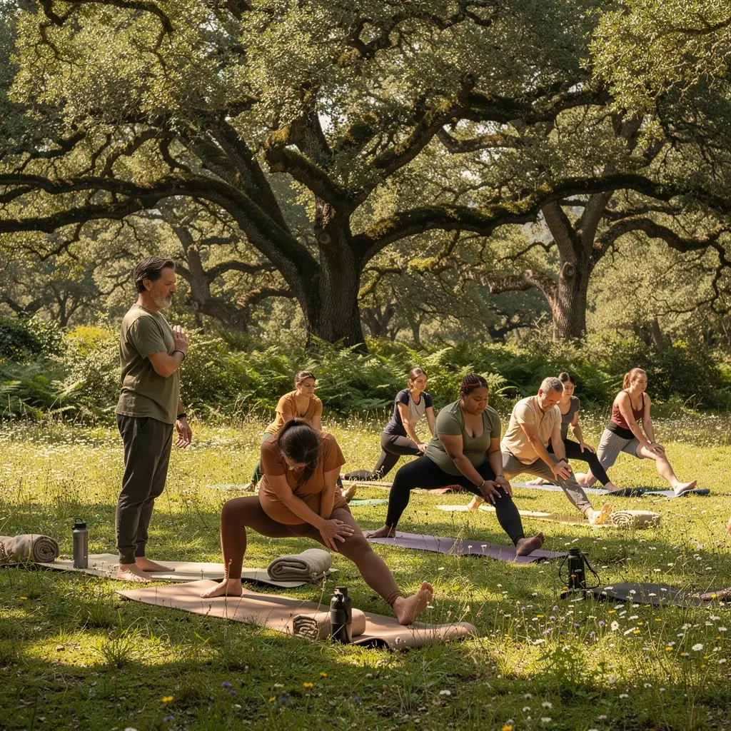 Un grupo de participantes en una clase de yoga, realizando estiramientos suaves en un ambiente acogedor.