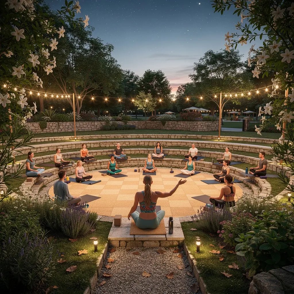 Un grupo de participantes en una clase de yoga, realizando estiramientos suaves en un ambiente acogedor.