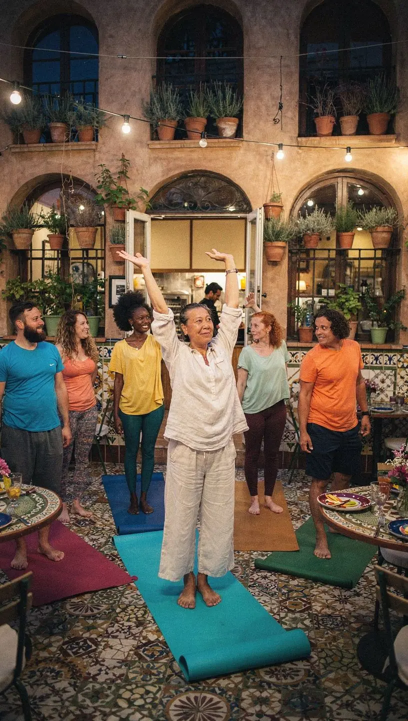 Un grupo de participantes en una clase de yoga, realizando estiramientos suaves en un ambiente acogedor.