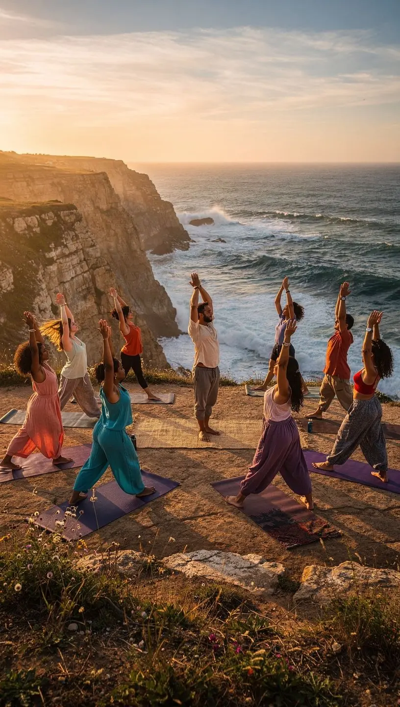 Un grupo de participantes en una clase de yoga, realizando estiramientos suaves en un ambiente acogedor.
