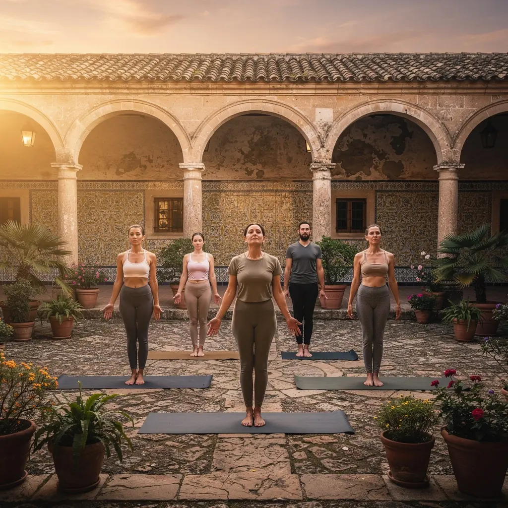 Un grupo de participantes en una clase de yoga, realizando estiramientos suaves en un ambiente acogedor.